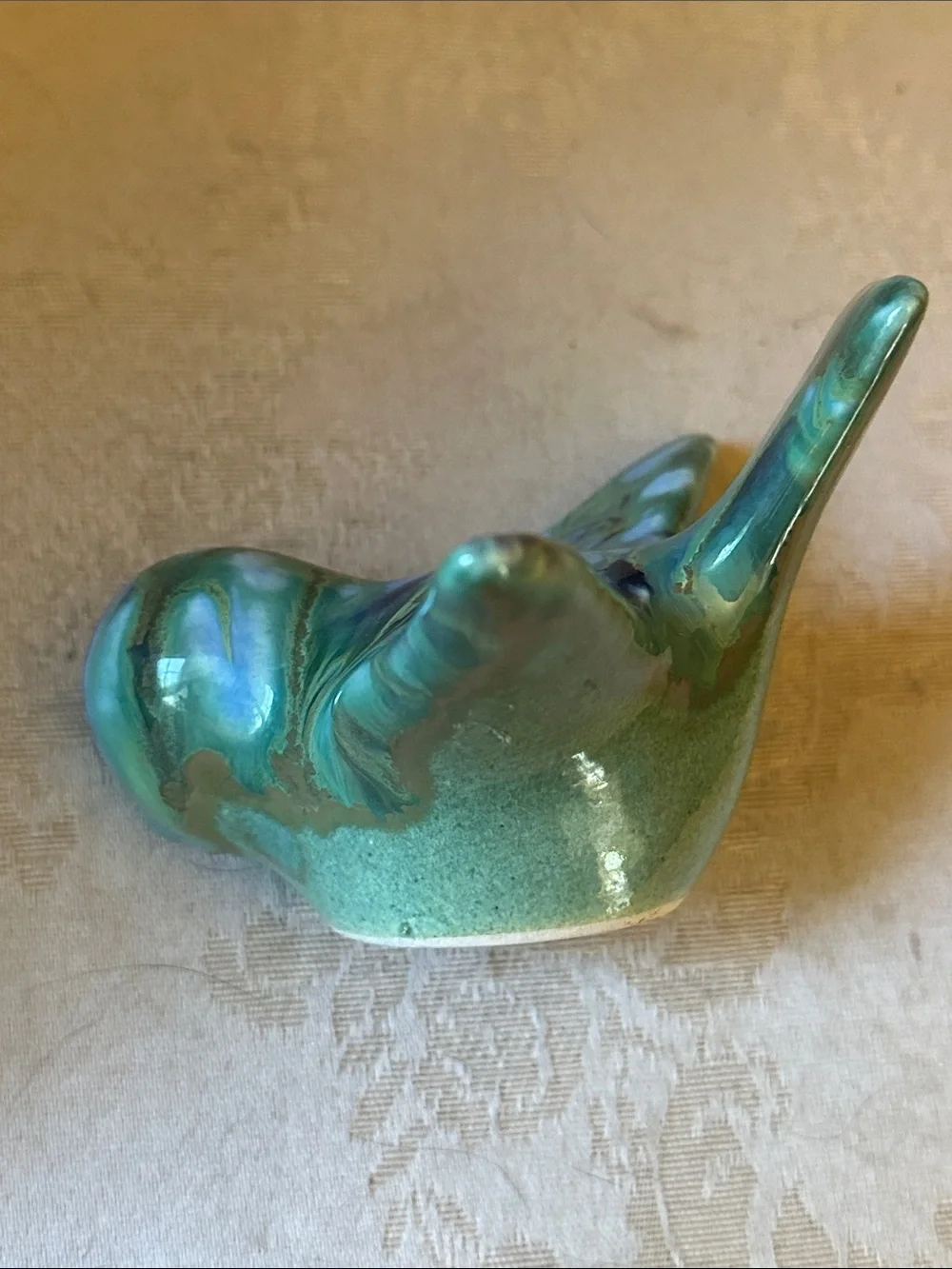 1960s Monterey Jade pottery bird w/green, blue drip glaze